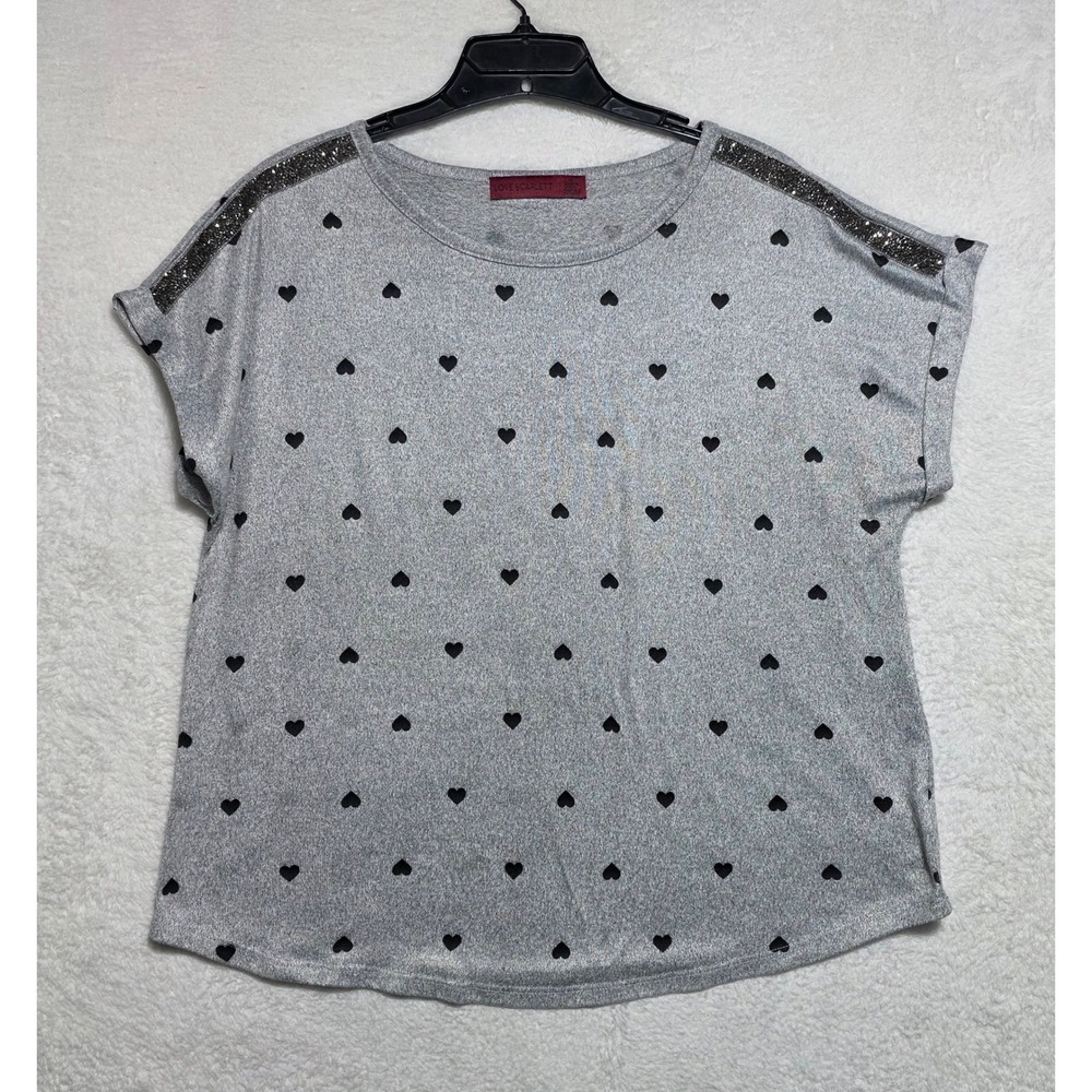 Love Scarlett Gray Heart Print Rhinestone Shoulder Trim Knit Top Large